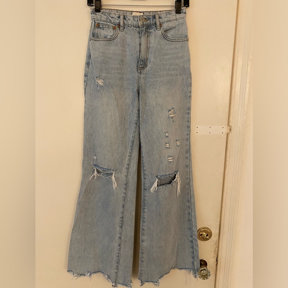 Alice + Olivia Light Blue Distressed Wide Leg Jeans